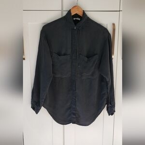 Shaina Mote Blouse Womens 6 Black Bemberg Satin Button Front Shirt Made in USA